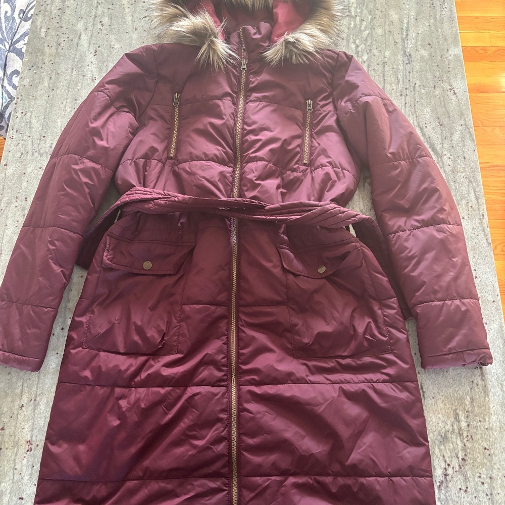 JustFab Womens Maroon Winter Long Jacket, Fur Hood, M